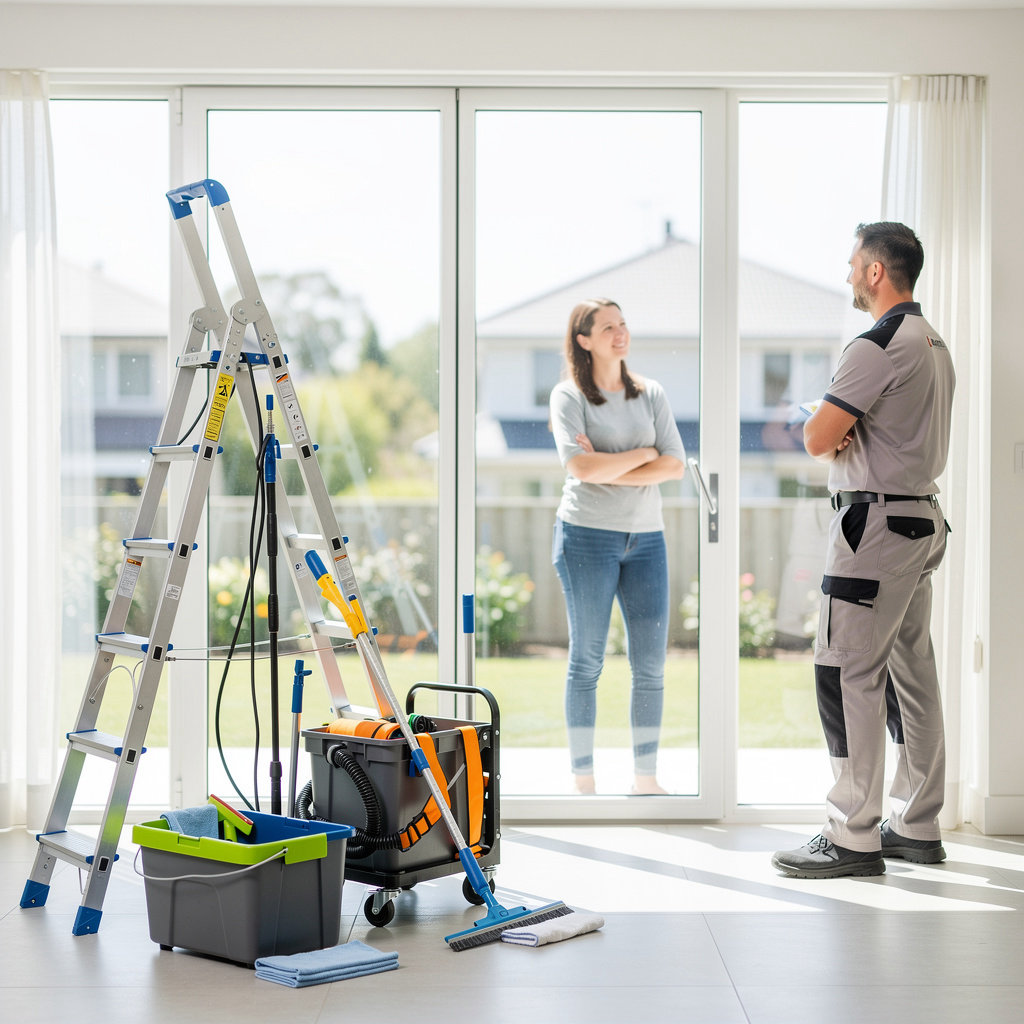 Window Cleaning Plus technician performing professional window and gutter cleaning services in Des Plaines, IL